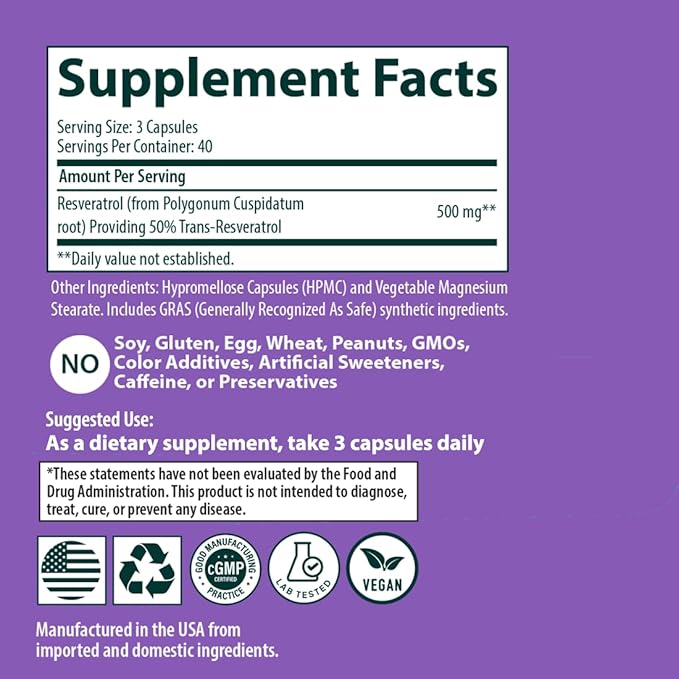 Resveratrol Supplement 500 mg – Supports Healthy Aging, Cognitive Function, and Heart Health - Plant Based Trans Resveratrol - Vegan, Non-GMO, 120 Capsules