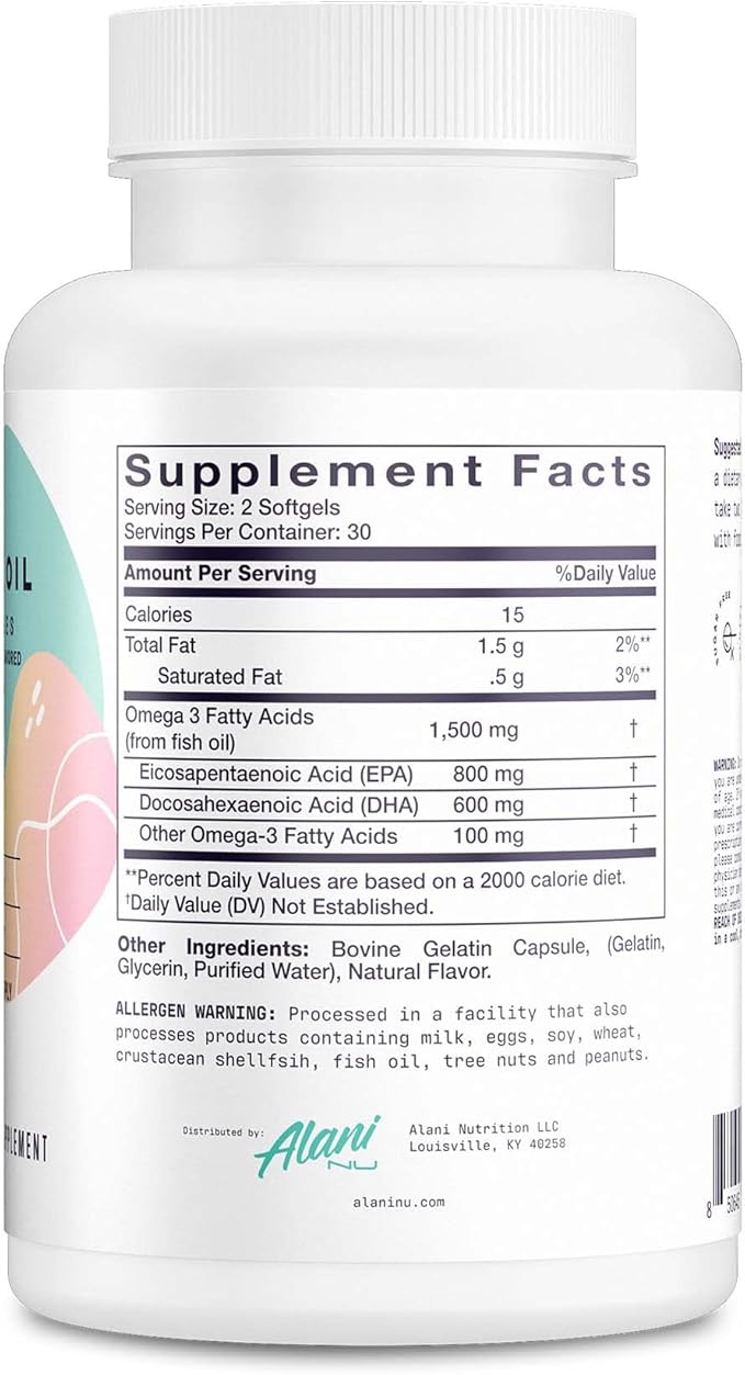 Alani Nu Omega 3 Fish Oil, 1500MG, 800mg 800mg EPA, 600mg DHA, (60 Softgels) 30 Servings