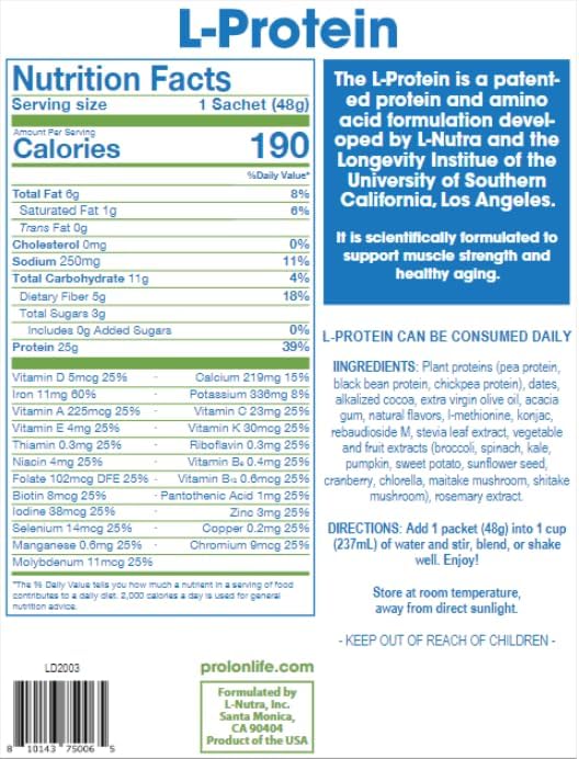 ProLon Longevity Plant Based Protein Powder 25g of 12 Packets
