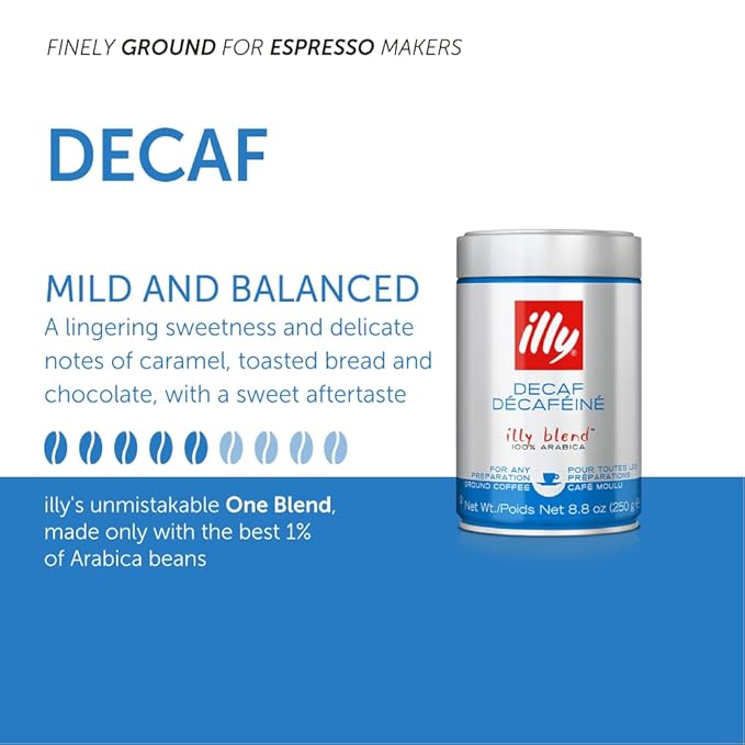 illy Ground Coffee Espresso - 100% Arabica Coffee Ground – Classico Decaf Roast - Notes of Caramel, Toasted Bread & Chocolate - Rich Aromatic Profile - No Preservatives – 8.8 Ounce, 6 Pack