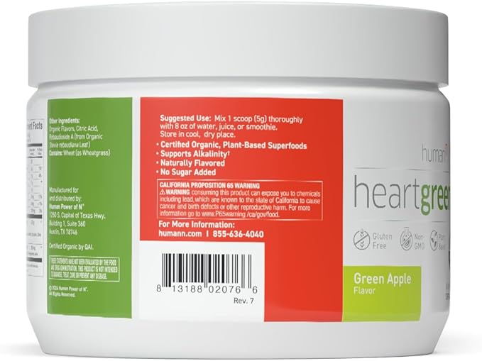 humanN HeartGreens | Superfood Organic Powder with Wheatgrass, Kale, Spinach, and Spirulina, USDA Organic Non-GMO, from The Makers of SuperBeets (Green Apple Flavor, 5.29-Ounce