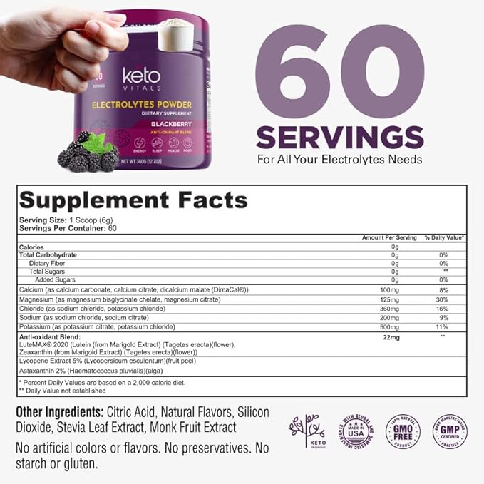 Keto Vitals Electrolytes Powder - Antioxidant Blend Keto Electrolytes Powder with Potassium, Magnesium, Sodium, & Calcium - No Sugar Electrolyte Drink Mix & Hydration Powder, 60 Servings, BlackBerry