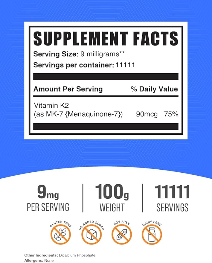 BulkSupplements.com Vitamin K2 Powder - Vitamin K2 MK-7, as Menaquinone Powder - K2 Vitamin Supplement for Wellness, Gluten Free, 9mg per Serving, 100g (3.5 oz) (Pack of 1)