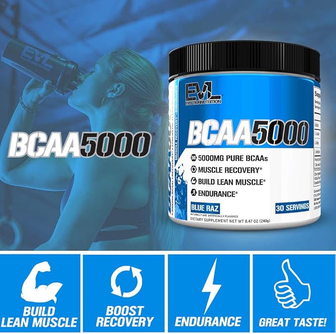 Evlution EVL BCAAs Amino Acids Powder - BCAA Powder Post Workout Recovery Drink and Stim Free Pre Workout Energy Drink Powder - 5g Branched Chain Amino Acids Supplement for Men - Blue Raz