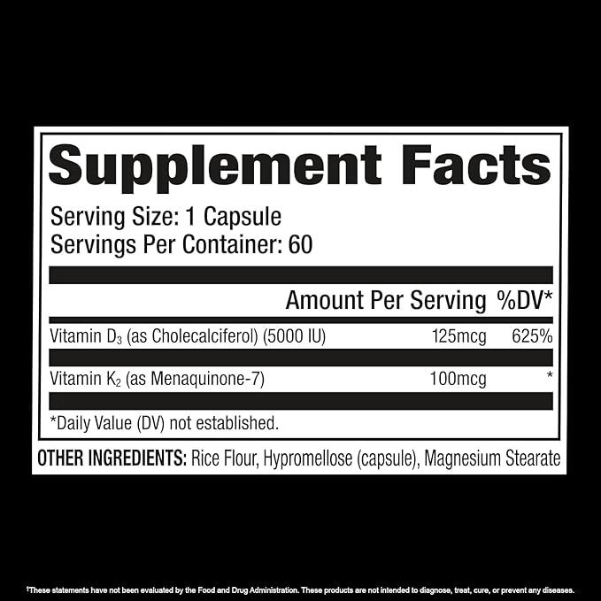 GAT SPORT Vitamin D3 K2, 5000 IU (125 mcg) Vitamin D, 60 Day Supply, Dietary Supplement for Bone, Teeth, Muscle and Immune Health Support, 60 Veggie Caps