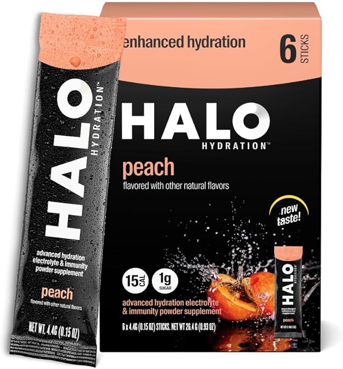 Halo Hydration Electrolyte Powder Packets – Peach - 6 Servings (5g Each) - Organic Hydration Drink with Low Sugar + Essential Vitamins + Minerals - Vegan