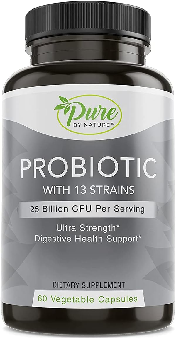 Pure By Nature Shelf Stable Probiotics for Men and Women, Supports Digestive Health, Gut Health and Immunity, Soy and Gluten-Free, 60 Vegan Capsules