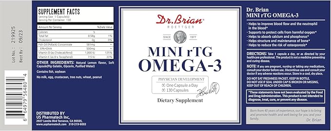 Dr.Brian Fish Oil Supplement 130 softgel, 3 Fish 500mg rTG Omega-3 Support