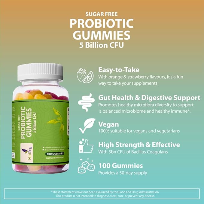 NutriZing Sugar Free Probiotic Gummies 100 Count, 5 Bn
