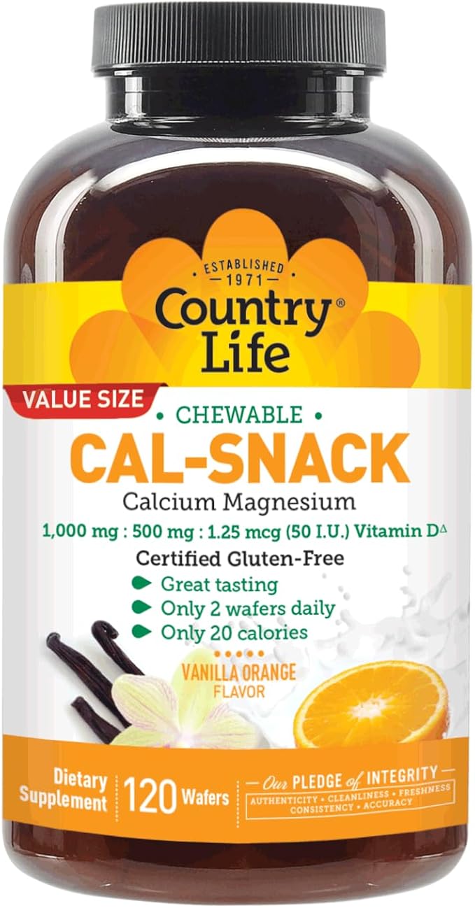 Country Life Cal-Snack - Chewable Calcium Magnesium Supplement wafers with Vitamin D3, Easy to Digest, Vanilla Orange Flavor, Dietary Supplement