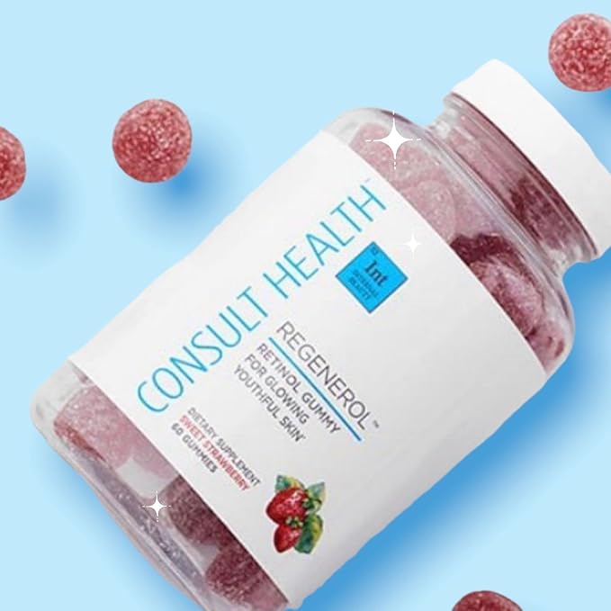 Consult Health Regenerol - Multivitamin Retinol Gummy - Anti-Aging Vitamin A Supplement - Glowing, Youthful & Clear Skin Strong Hair & Nails - Vitamin B6, B12, C,D3, Folic Acid, Zinc - 60 Gummies
