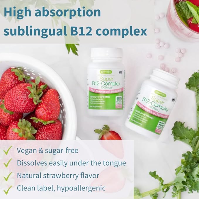 Super B12-Complex 1000mcg, Sublingual & Methylated B12, Methylcobalamin, 180 Servings,