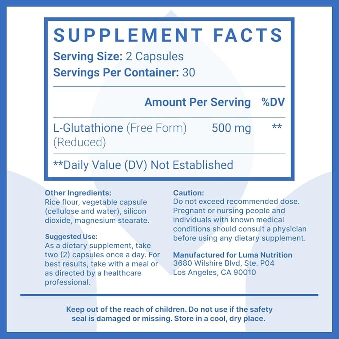 Premium Glutathione - Reduced Glutathione 500mg 60 Capsules