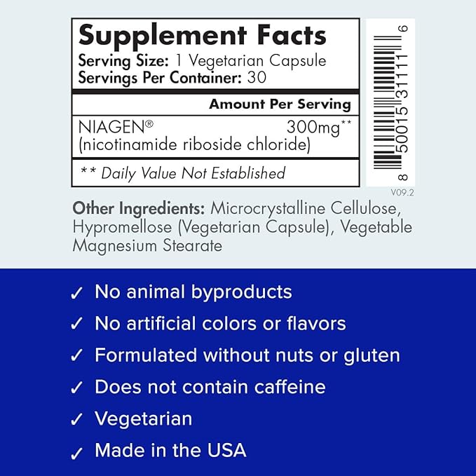 TRU NIAGEN Patented NAD Supplement for Anti Aging and Cell Regeneration, 300 mg Niagen, 30 Servings | Supports Cellular Energy, Brain, Muscle | Nicotinamide Riboside (NR) Take 1 Daily | 1 Bottle