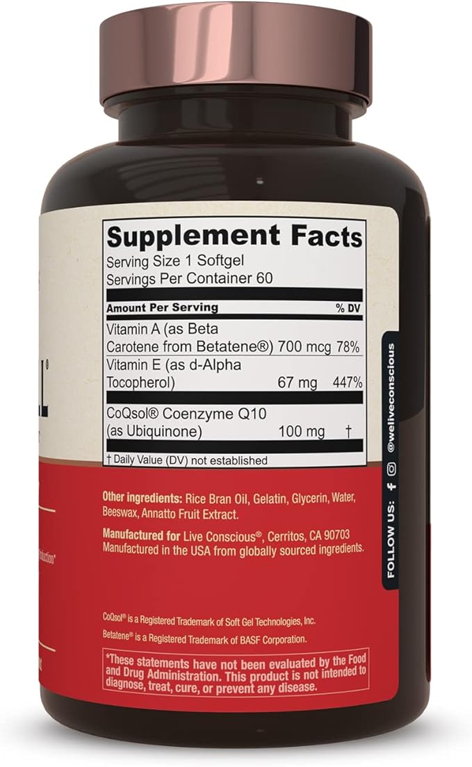 Live Conscious CoQWell CoQ10 Heart, Q10 CoQsol 60 Softgels 60 Day