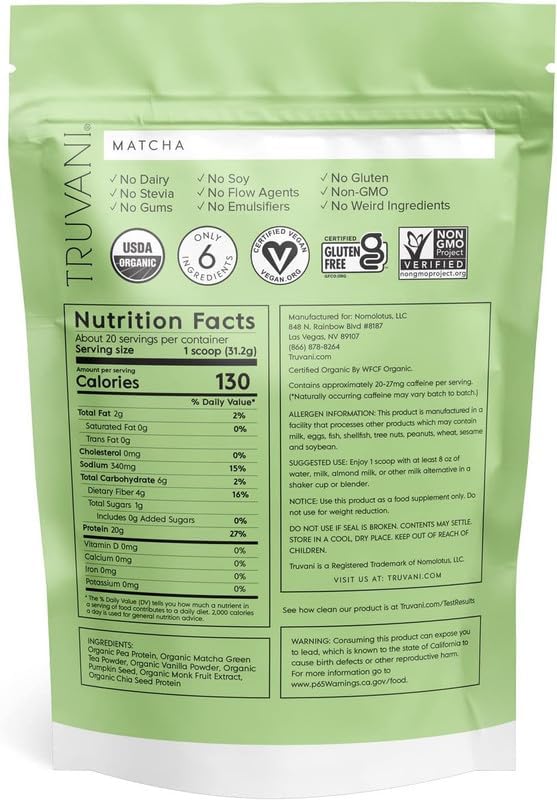 Truvani Vegan Pea Protein Powder 20g Organic 20 Servings