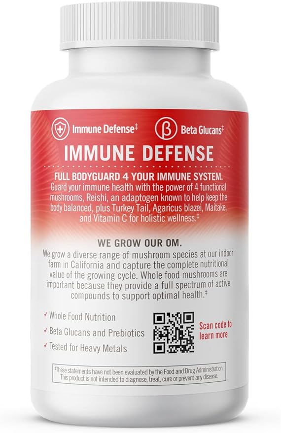 Om Mushroom Superfood Immune Defense Mushroom Capsules Superfood Supplement, 90 Count, 30 Days, Mushroom Blend, Reishi, Turkey Tail, Maitake, Agaricus Blazei, Vitamin C, Vegan