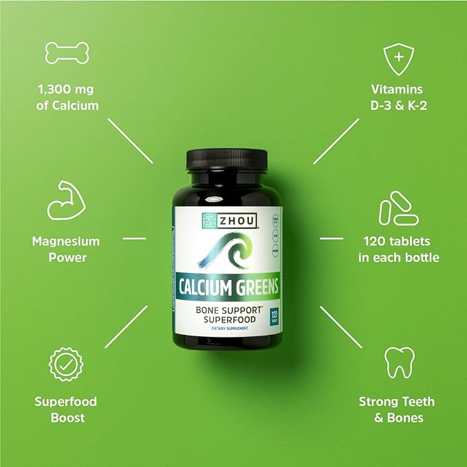 Zhou Nutrition Calcium Greens, Bone Support D3 K2, K2, 1300mg 1300mg of 120 Tablets