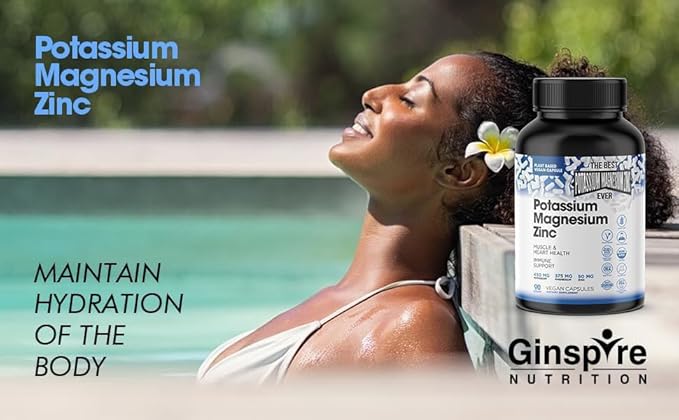 Magnesium Potassium Supplements w/Zinc - 90 Capsules - Magnesium Potassium Zinc for Vascular Health – High Absorption Vegan Potassium Magnesium Supplement for Leg Cramps & Sleep