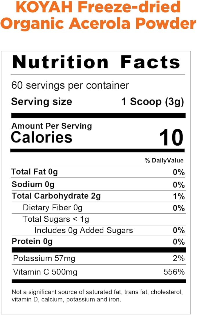 KOYAH - Organic Acerola Powder: Freeze-dried, 100% Pure, 500 mg 60 Servings,