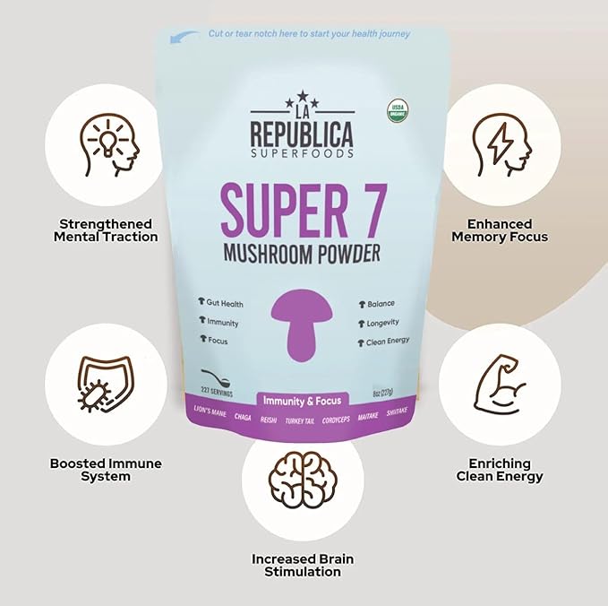 USDA Organic Mushroom Powder (Lion's Mane, Chaga, Reishi, Cordyceps, Maitake, Turkey Tail, No Fillers, 3 oz)