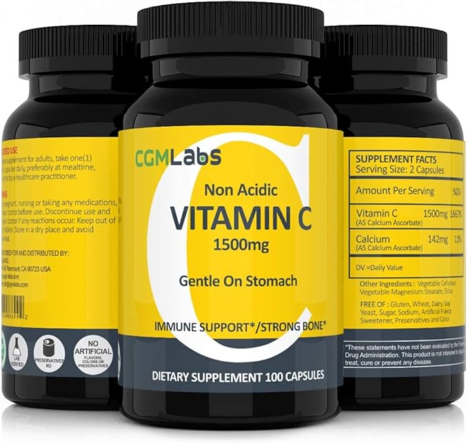 Non Acidic Vitamin C Dietary Supplement 1500mg with 100 Caps