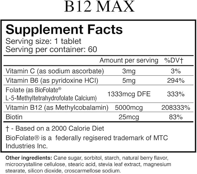 Wellgenix Bio-Available Sublingual B12 B6 Folate Vitamin Formulated for High Absorption - Nutritional Multivitamin Supplement (60 ct) 1 Pack