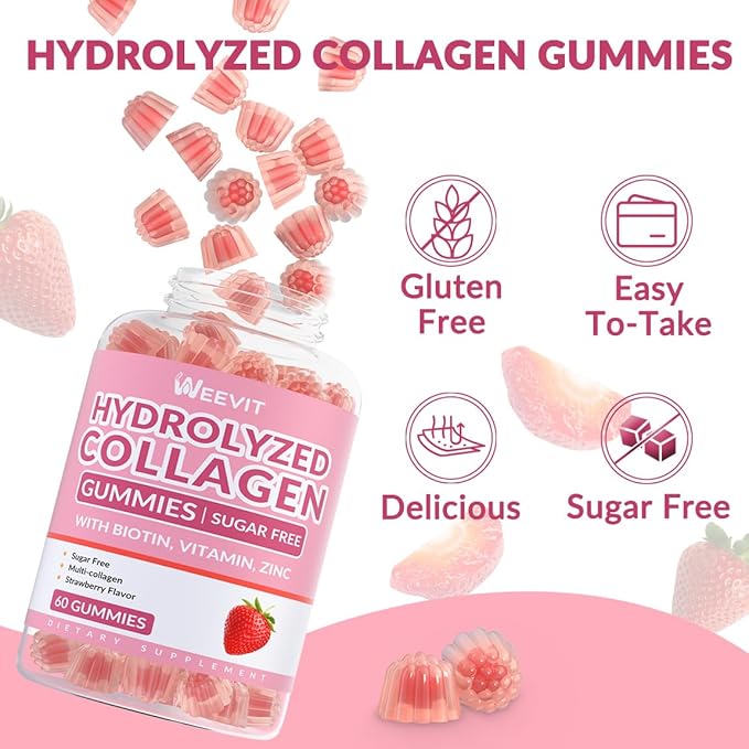 Sugar Free Collagen Gummies for Women, 2000mg Protein 5000mcg Biotin B12, Hydrolyzed