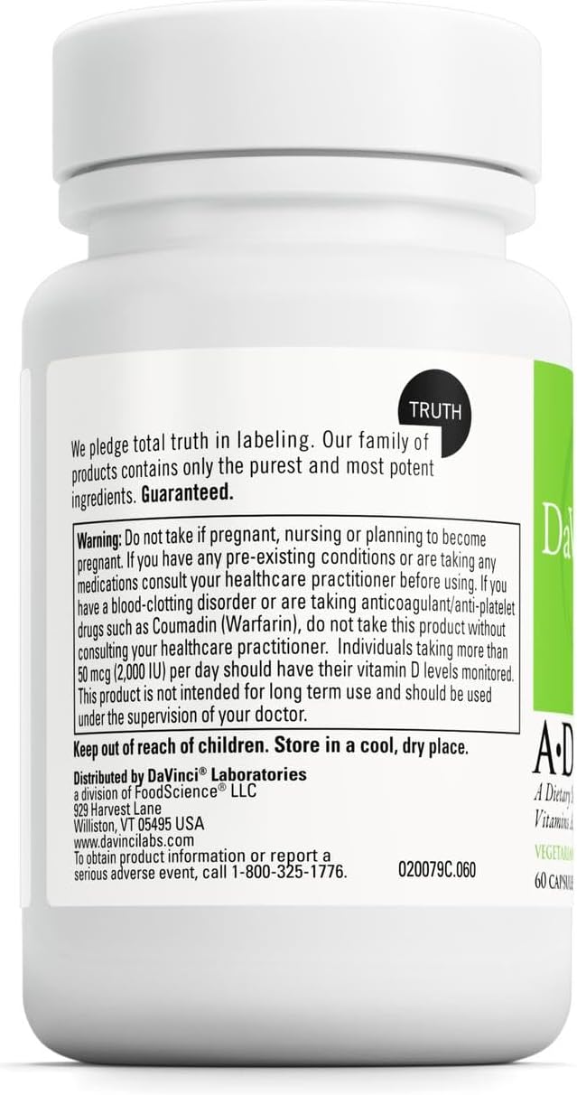 DAVINCI Labs ADK - Helps Support Bone, Heart & Immune Health* - Dietary Supplement with Vitamins A, D3 & K2 (as MK-7) - Vegetarian, Gluten Free & Soy Free - 60 Capsules