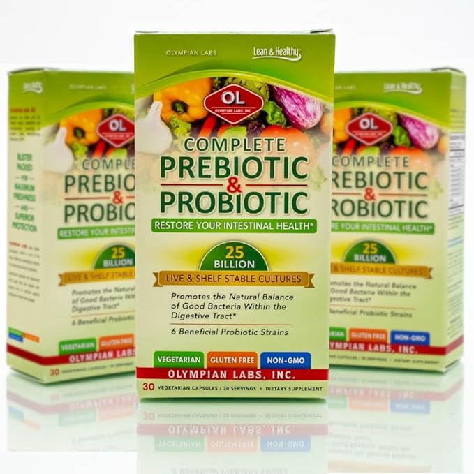 Olympian Labs Complete Prebiotic and Probiotic Supplement - 25 Billion Live Shelf Stable Cultures - 30 Vegetarian Capsules, Helps Restore The Natural Balance Within The Digestive Tract.