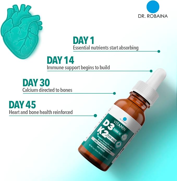 Dr. Robaina Vitamin D3 + K2 Drops – Vegan MCT Oil Liquid Supplement, 5000 IU D3 & 120 mcg MK-7, Sublingual Daily Vitamin D and K