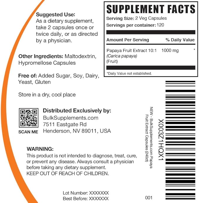 BulkSupplements.com Papaya Fruit Extract Capsules 2 Capsules 240 Veg 1