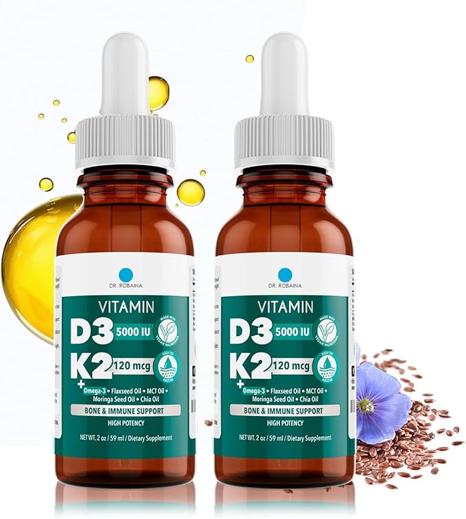 Dr. Robaina Vitamin D3 + K2 Drops – Vegan MCT Oil Liquid Supplement, 5000 IU D3 & 120 mcg MK-7, Sublingual Daily Vitamin D and K