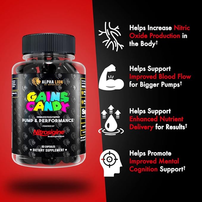 ALPHA LION Gains Candy, Supplement Pills for Muscle Pump & Blood Flow, Nitric Oxide Booster, Supports Mental Focus, Use Daily to Upgrade Workout Performance, 63 Capsules (Nitrosigine)