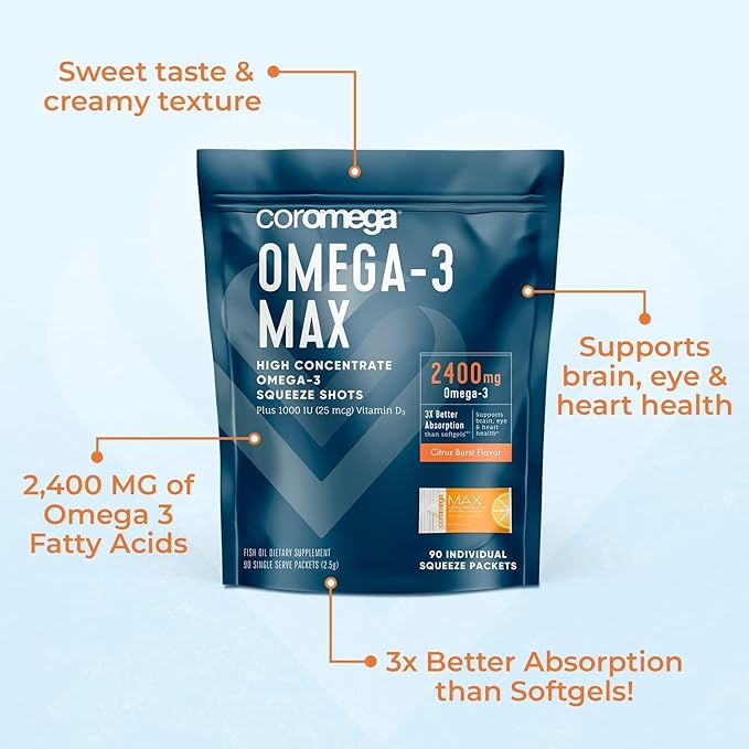 Coromega MAX High Concentrate Omega 3 2400mg Omega-3s Omega-3s with 3X Better 90 Single