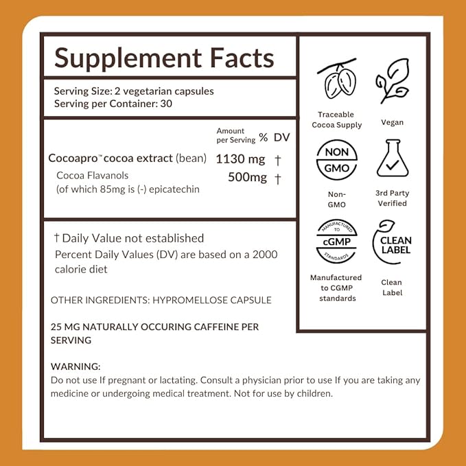 CocoaVia Cardio Health Supplement, 60 Day, 500mg Cocoa Flavanols, Support Heart Health, Boost Nitric Oxide, Blood Circulation, Energy, Vegan, Dark Chocolate, 120 Capsules