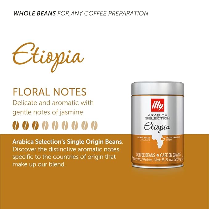 illy Whole Bean Coffee - Perfectly Roasted Whole Coffee Beans – Etiopia Bold Roast – Gentle Notes of Jasmine – Floral Notes - 100% Arabica Coffee - No Preservatives – 8.8 Ounce, 6 Pack