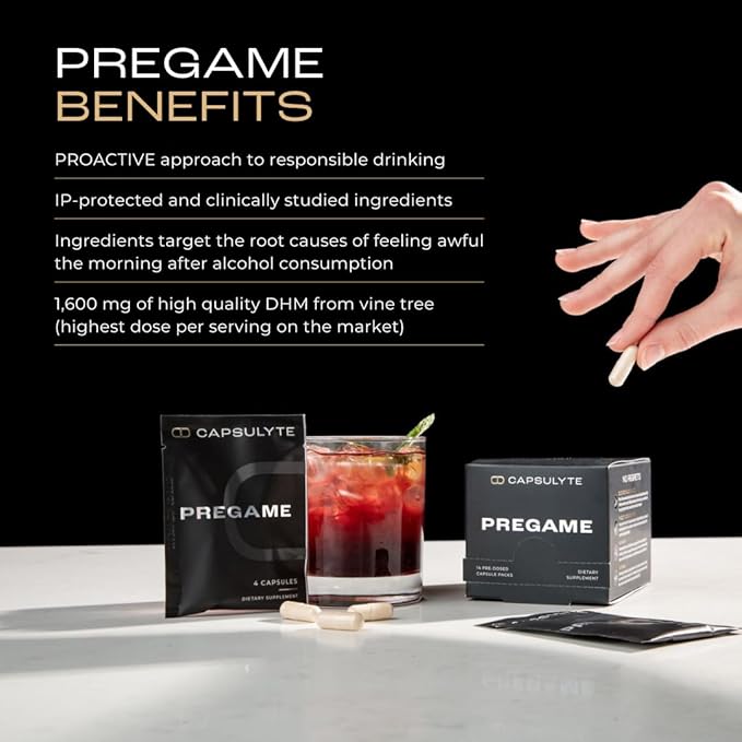Pregame | Prevent Feeling Awful After Drinking | Alcohol Aid and Liver Health | with Dihydromyricetin DHM, N-Acetyl Cysteine NAC, Milk Thistle | Box of 14 Packets (56 Capsules)