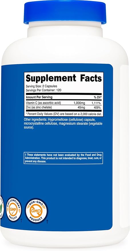 Nutricost Vitamin C with Zinc Supplement 120 Servings 1000mg Vitamin 45mg Zinc,