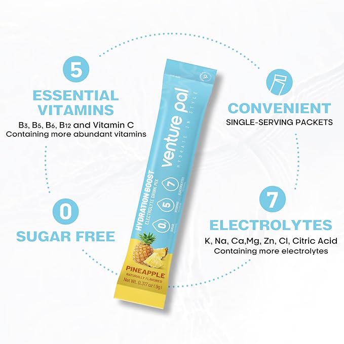 Venture Pal Sugar Free Electrolyte Powder Packets - Liquid Daily IV Drink Mix for Rapid Hydration & Party Recovery | 5 Vitamins & 7 Electrolytes| Keto Friendly | Non-GMO | Certified Vegan | 16 Sticks