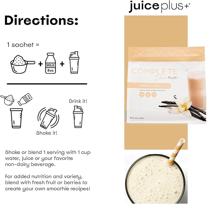 Juice Plus+ Complete Vanilla Shakes - Plant-Based, Whole Food Nutrition with Protein, Fiber, Greens, Prebiotics and a Superfood Blend of Essential Nutrients - 2 Pouches, 30 Servings Each
