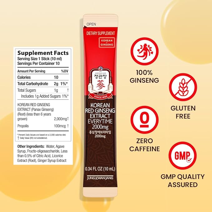 JungKwanJang Ginseng Everytime Extract Stick 2000mg, Brain 10 Count