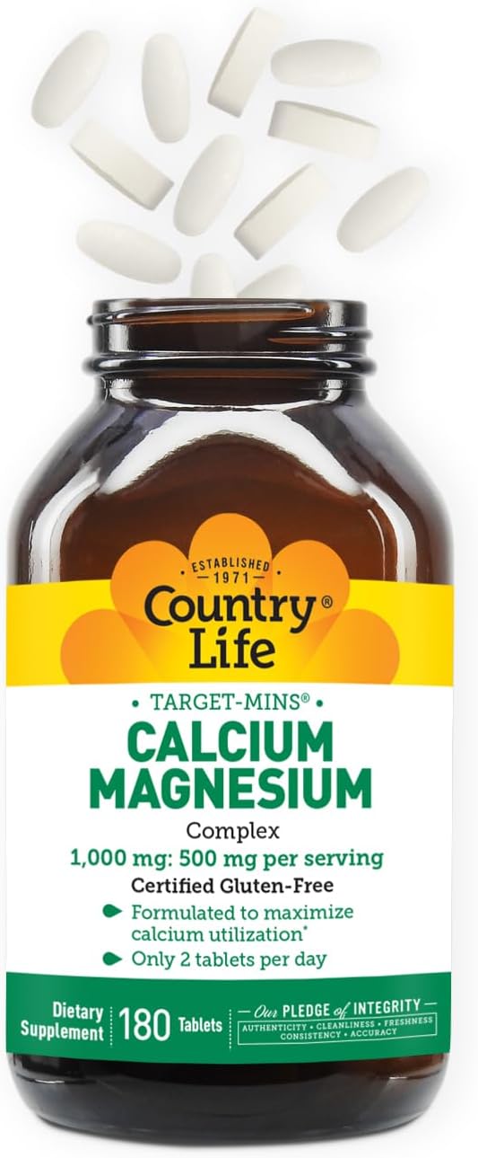 Country Life Target-Mins Calcium Magnesium Complex 1000mg/500mg, 180 Tablets, Certified Gluten Free, Certified Vegan, Certified Non-GMO Verified