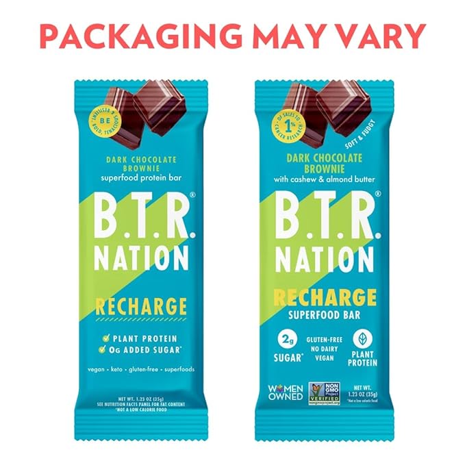 Vegan Keto Superfood Protein Bars, by B.T.R. - Low Carb, Plant Based, and Gluten Free | 12 Bars | Free of Sugar Alcohols and Boosted with Powerful Superfoods - (Brownie RECHARGE)