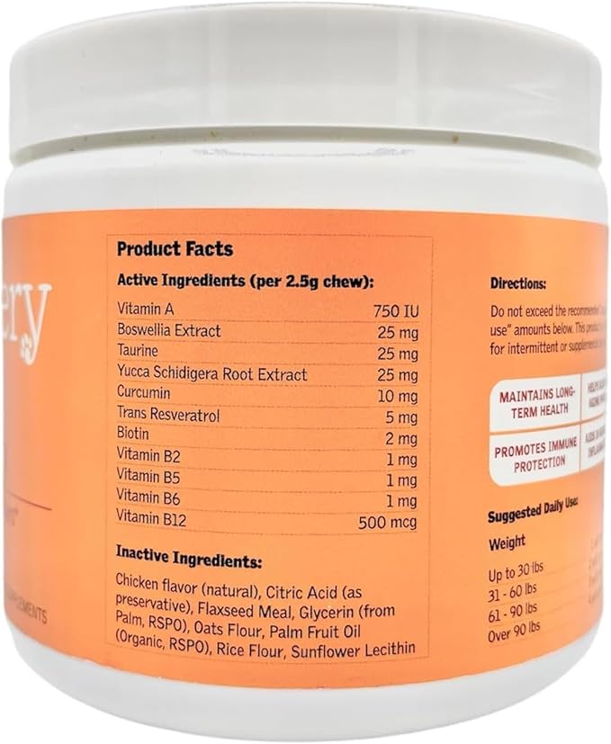 Chewable Dog Vitamins and Supplements – Daily Longevity Multivitamin for Dogs with Curcumin, Taurine, Trans-Resveratrol – Essential Vitamins for Dogs to Support Wellness and Vitality