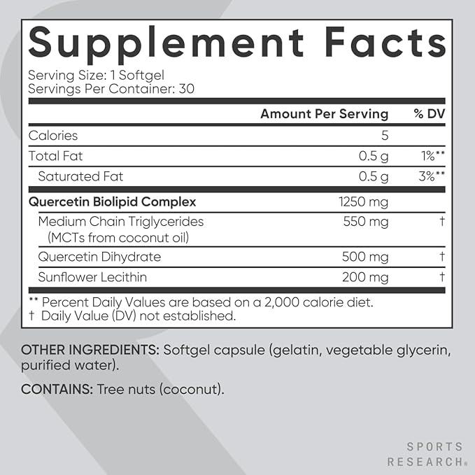 Sports Research Quercetin with Coconut MCT Oil & Sunflower Lecithin for Better Absorption - Supports Antioxidant Activity & Immune Health – Gluten Free & Non-GMO Verified - 30 Liquid Softgels