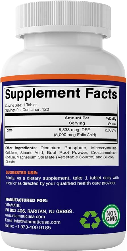 Vitamatic 2 Pack Folic Acid 5mg (5000 mcg) - 120 Vegetarian Tablets - (Vitamin B9 Folate) (Total 240 Tablets)