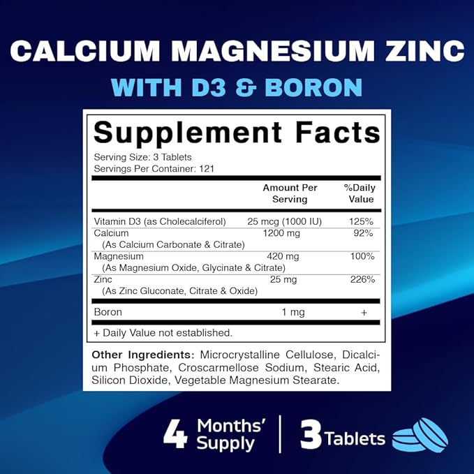 Vitamatic Calcium Magnesium Zinc D3 Boron 365 Coated 1200 mg, 420mg, Zinc 25mg, Vitamin D3 1000 1000 IU, 1 mg