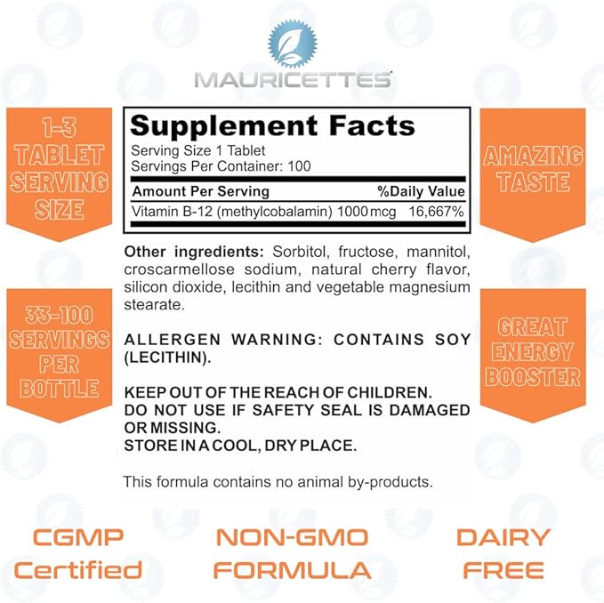 Vitamin B12 Methylcobalamin 1000 mcg Supplement 100 Chewable B-12 Tablets