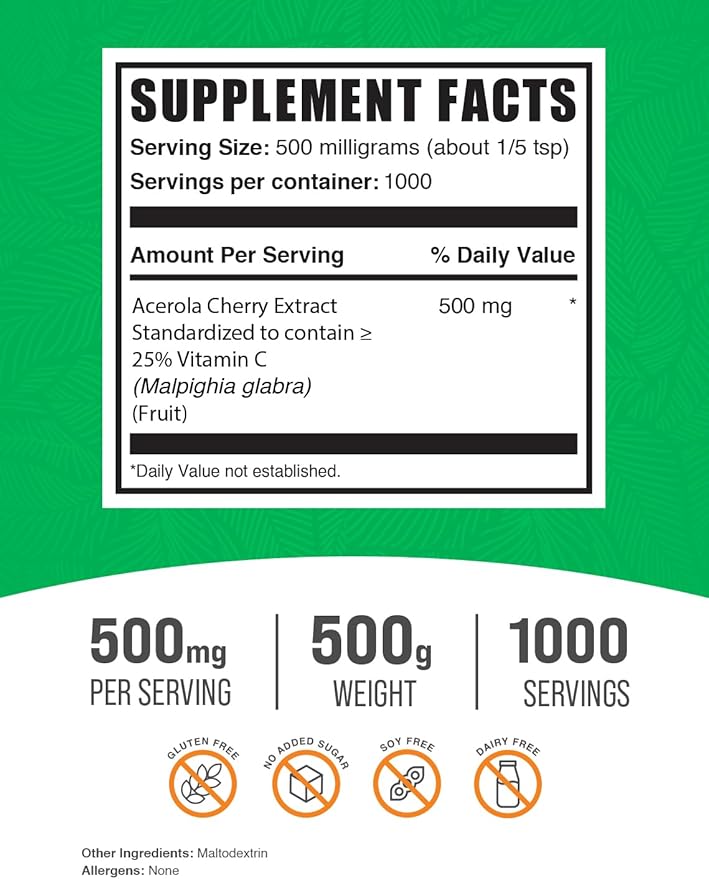 BulkSupplements.com Acerola Cherry Extract Powder 500mg per 500g (1.1 (1.1 lbs) 1)
